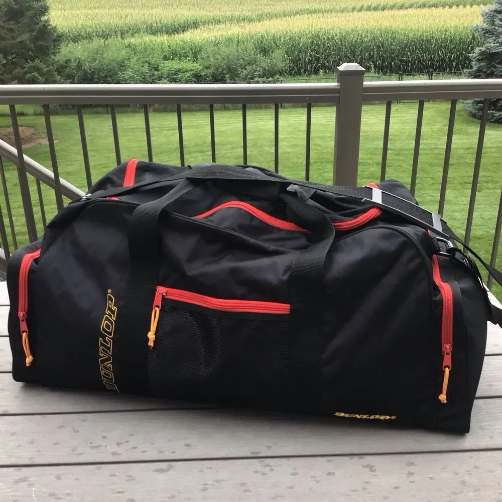 Vintage 90s Dunlop Duffle Bag Shoulder Strap Side Pockets Black 26”x14”x12”Large